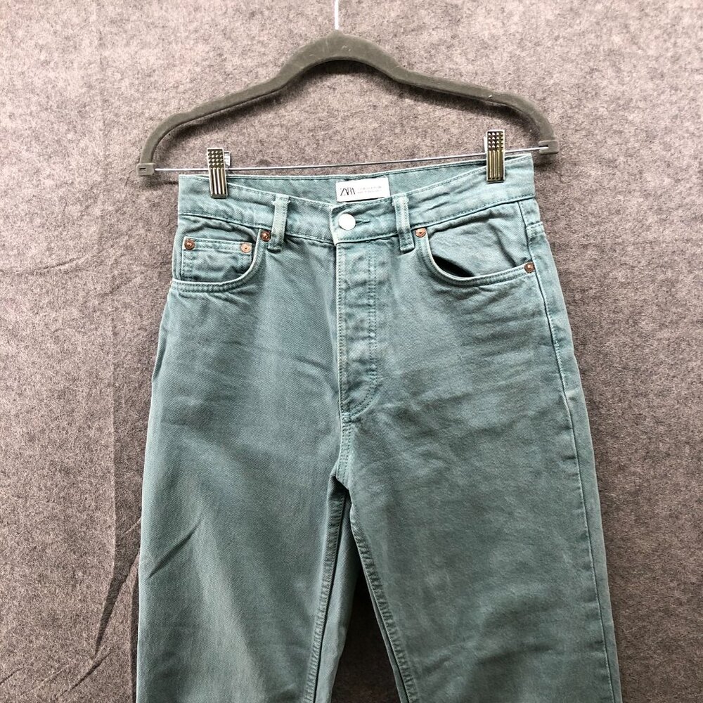 Zara High Waisted Straight‎ Leg Jean Womens 4 Sage Green Button Fly Cotton - Picture 3 of 11